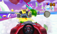 Mario participating in a free-for-all Balloon Battle in Mario Kart 7.