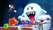 Mario chased by four Boos and a Mega Boo in Haunty Halls Galaxy.