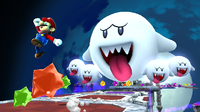 Four Boos and a Mega Boo chase Mario in Super Mario Galaxy 2.