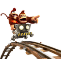 Donkey Kong and Diddy Kong riding a Mine Cart on rails
