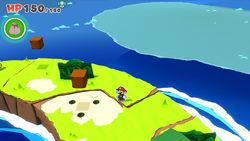 Mario standing near 3 holes containing a Coin each on Full Moon Island of The Origami King.