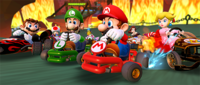 Mario, Luigi, Mario (Hakama), Peach (Kimono), Toad (Party Time), Lakitu (Party Time), and Pauline (Party Time) participating in the New Year's 2022 Tour's 2-Player Challenge in Mario Kart Tour