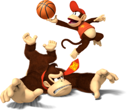 Donkey Kong and Diddy Kong playing basketball