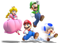 Artwork of the four playable characters, from Super Mario 3D World.