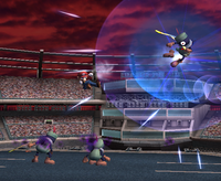 Mario fights the Subspace Army on the Midair Stadium in Super Smash Bros. Brawl