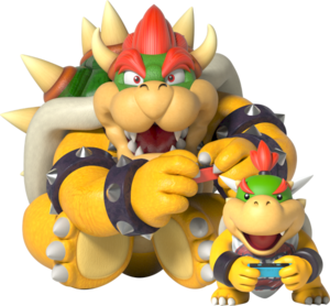 Bowser and Bowser Jr. playing with the Nintendo Switch.