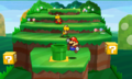 Mario jumping in a pipe in an early grassland.
