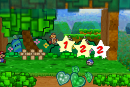 Kooper performing a Power Shell move on a Koopa Troopa and two Spiked Goombas