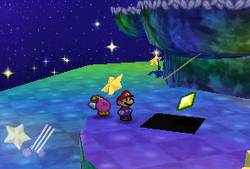 Mario finding a Star Piece under a hidden panel on the first step in Shooting Star Summit in Paper Mario