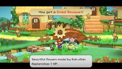 Mario getting a Dried Bouquet from Bub-ulber in Petalburg of Paper Mario: The Thousand-Year Door for Nintendo Switch.