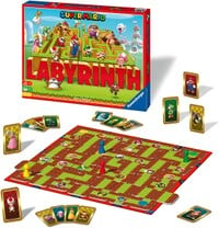 A promotional illustration of the box, game board, and game pieces of Super Mario Labyrinth.