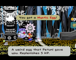 Mario getting a Mystic Egg from Petuni in The Great Tree of Paper Mario: The Thousand-Year Door.