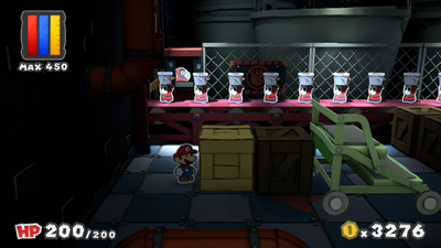 Mario near a crate containing Big Fire Flower and Huge Hammer Battle Cards in Black Bowser's Castle of Paper Mario: Color Splash.