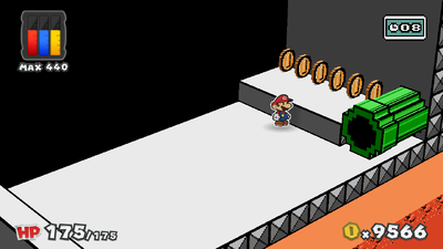 Mario near 6 Coins in Green Energy Plant of Paper Mario: Color Splash.