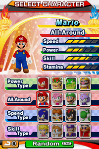 Select Character screen in Mario & Sonic at the Olympic Games for Nintendo DS