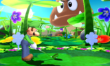Luigi on a flower garden course with a Grand Goomba.