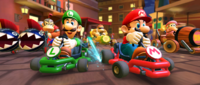 Mario, Luigi, Donkey Kong (Gladiator), Dixie Kong, and Funky Kong participating in the Night Tour's 2-Player Challenge in Mario Kart Tour