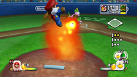 Mario uses his Fire Ball Star Pitch in Mario Super Sluggers.