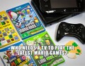 Image macro from the official NintendoAUNZ social media accounts showing a Wii U along with several Super Mario games for this system