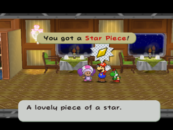 Mario getting the Star Piece from the Excess Express waitress in  Paper Mario: The Thousand-Year Door.