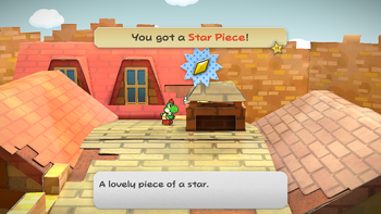 Mario getting the Star Piece behind the chimney of Bobbery's house in east Rogueport in the remake of the Paper Mario: The Thousand-Year Door for the Nintendo Switch.