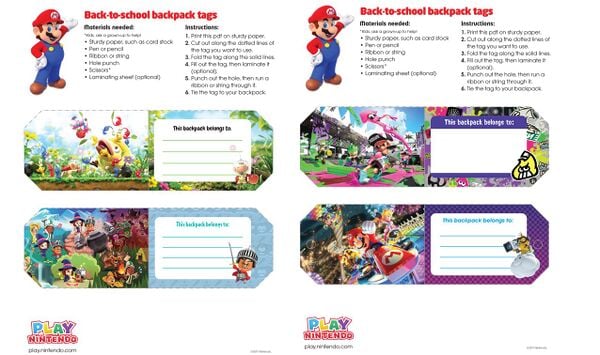 Printable sheets for backpack tags featuring designs inspired by Nintendo games such as Hey! Pikmin, Miitopia, Splatoon 2, and Mario Kart 8 Deluxe