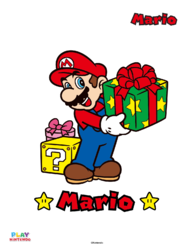 Fully-colored picture of Mario holding a present from a holiday-themed paint-by-number activity