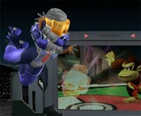 Sheik leaps in the air in a Super Smash Bros. Melee battle.