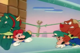 Tyrannosaurus Twins wrestling Mario and Luigi