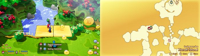 Mario and Luigi near 13 Coins and a 10-Coin on Florall Island of Mario & Luigi: Brothership.