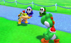 A pair of Shy Guys watch Bowser Jr. and Yoshi challenge each other to an event