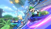 Luigi in the Blue Falcon driving over a recharge pathway