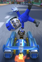 The Blue Mii Racing Suit performing a trick.