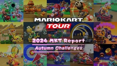 Image used with Nintendo's announcement of the 2024 Autumn Celebration MKT Report. It consists of the Mario Kart Tour logo and the report's title overlaid on a collage of screenshots showing bonus challenges from the Battle Tour and the Halloween Tour (from 2022 onwards).