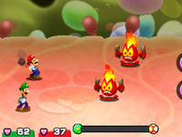 Screenshot of Mario burned in Mario & Luigi: Bowser's Inside Story + Bowser Jr.'s Journey