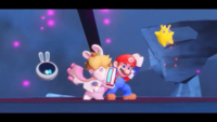 Mario, Rabbid Peach, Starburst, and Beep-0 in the An "Overall" Nice Day Quest