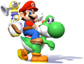 Artwork of Mario riding on Yoshi in Super Mario Sunshine