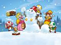 Peach, Daisy, and Toads building a Mario snowman (second version)