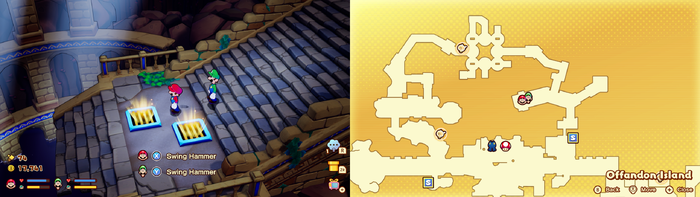 Mario and Luigi near 2 vents containing 40 Five Coins on Offandon Island of Mario & Luigi: Brothership.