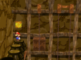 Mario next to the Shine Sprite in the storeroom with a ! switch