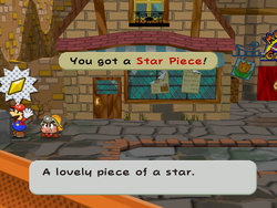 Mario getting the Star Piece behind the garbage can on the west of the Rogueport West scene in Paper Mario: The Thousand-Year Door.