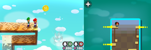 Mario and Luigi near 50-Coin in Plack Beach of Mario & Luigi: Bowser's Inside Story + Bowser Jr.'s Journey.