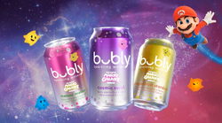 A promotional image depicting The Super Mario Galaxy Movie-themed cans of bubly
