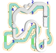 The Mario Kart 8 Deluxe track layout superimposed over the Mario Kart Super Curcuit track layout