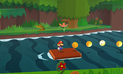 Mario at the start of the Coin line in the second river scene in Jungle Rapids of Paper Mario: Sticker Star.