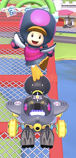 Penguin Toadette performing a trick.