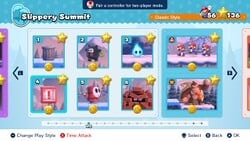 Screenshot of Slippery Summit's level select screen from the Nintendo Switch version of Mario vs. Donkey Kong