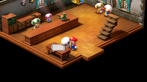 Old Toad in the lobby of the hotel giving Mario Coins in exchange for his Bright Card in Marrymore of Super Mario RPG.