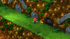 Mario finding Temple Key after it has been dropped from the roof in the Monstro Town of Super Mario RPG.