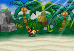 Image of Mario revealing a hidden ? Block in Lavalava Island, in Paper Mario.